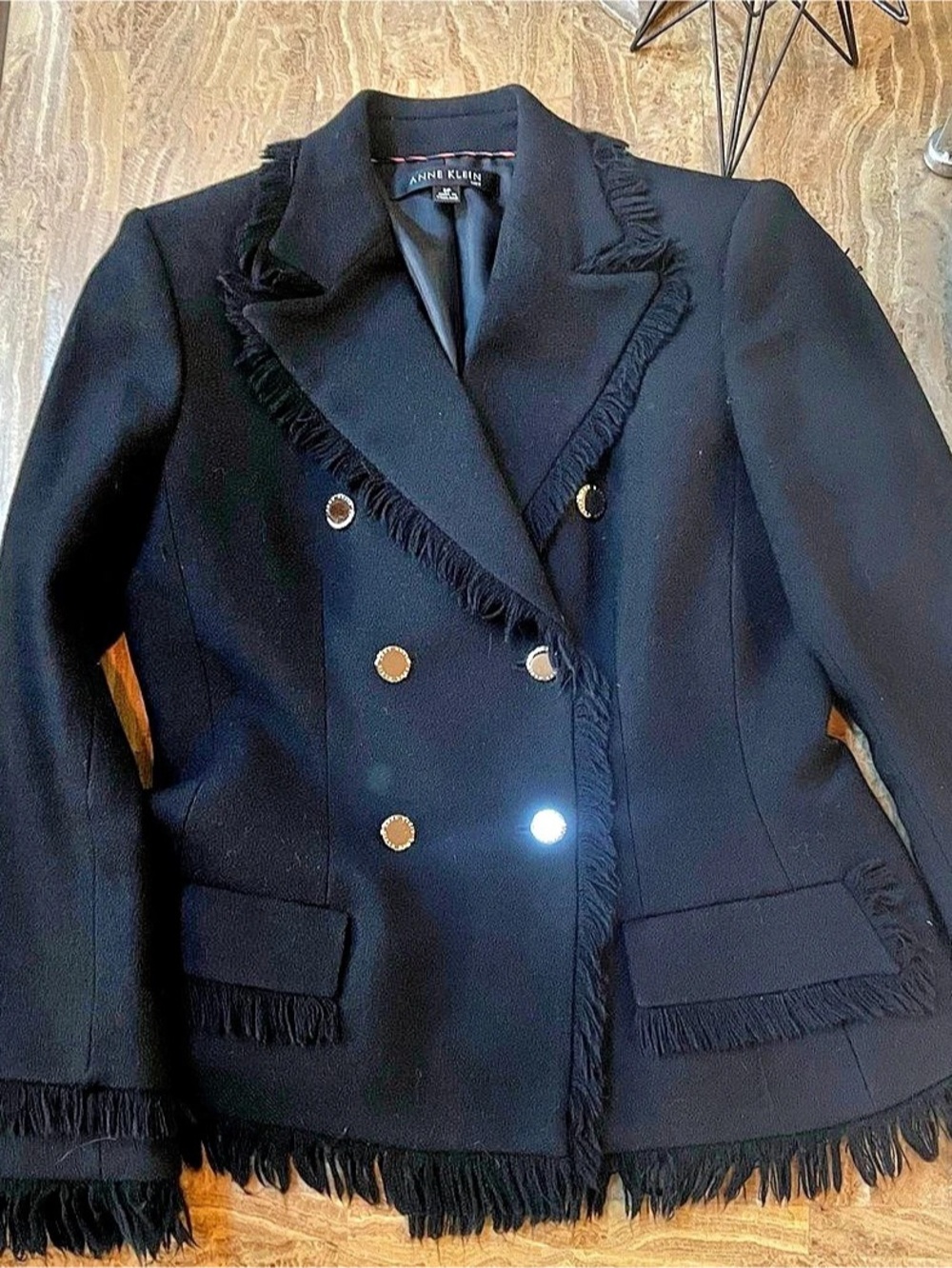 Anne Klein Fringe Trim Double Breasted Blazer in Black Size 8Petite
